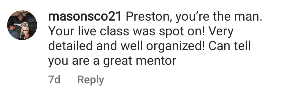 Instagram workshop testimonial from masonsco21