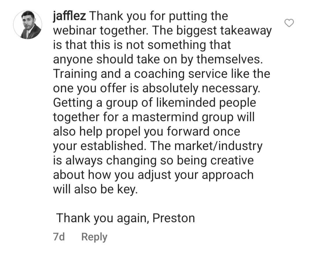 Instagram workshop testimonial from jafflez